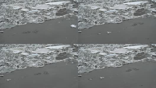 冻结的冰河在春天融化，冰片在流动。春天，河面上漂浮着碎裂的冰。全球变暖高清在线视频素材下载
