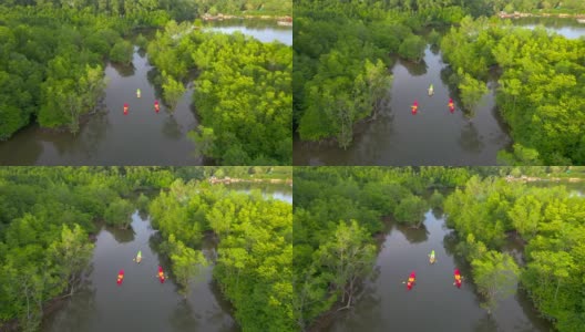 日落场景鸟瞰组游客旅行者或研究人员划桨划艇在淡水河湖发现和探索植物园热带地区的自然，攀牙省，泰国高清在线视频素材下载