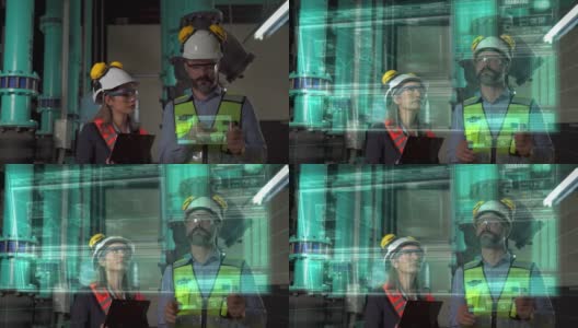 专业工程师利用玻璃展示了一个具有未来主义人工智能技术的概念全息图数字化智能工厂模拟，智能工厂工业4.0概念高清在线视频素材下载