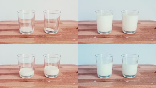 玻璃装牛奶的时间流逝。停止运动倒白色液体高清在线视频素材下载