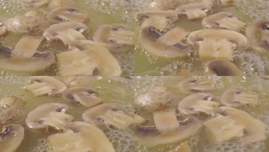 将蘑菇切片放入沸水中，特写慢镜头拍摄高清在线视频素材下载