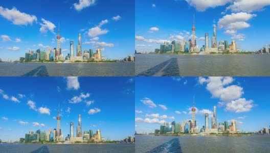 阳光明媚的一天，上海的天际线和黄浦江的城市景观高清在线视频素材下载