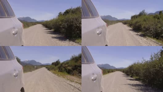 驱动板。在乡村道路上的汽车，泥土，木槌山脉，山谷- POV -观点前-挡风玻璃。日后方参考高清在线视频素材下载