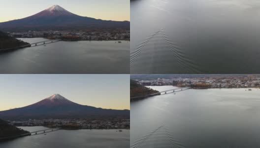 黎明时分富士山和川口湖的鸟瞰图高清在线视频素材下载