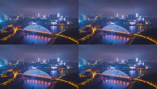 中国夜景时间照亮武汉城市景观青川大桥汉水河航拍全景4k时间流逝高清在线视频素材下载