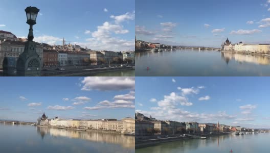 蓝色多瑙河布达佩斯匈牙利议会大厦和宫殿学院的春天城市景观高清在线视频素材下载