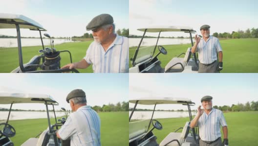 亚洲高级男子高尔夫球手站在夏季日落高尔夫球场的4K肖像。高清在线视频素材下载
