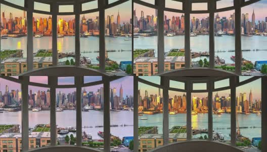 纽约城市景观日落时间流逝窗口全景城市景观曼哈顿高清在线视频素材下载