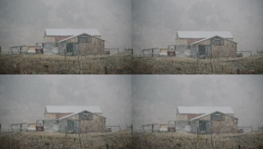 聚焦架拍摄的谷仓满山羊在前景大雪，冰岛高清在线视频素材下载