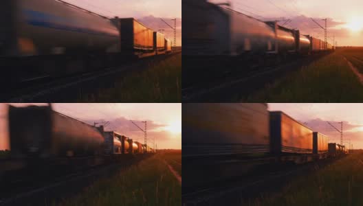 一列货运火车在夕阳下驶过高清在线视频素材下载