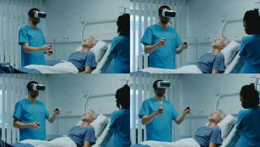 医生戴着虚拟现实头戴，手持操纵杆治疗躺在床上的老年患者。未来医院病房最先进的技术。高清在线视频素材下载