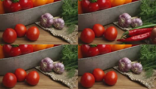 蔬菜，蔬菜在桌子上。、西红柿、大蒜高清在线视频素材下载