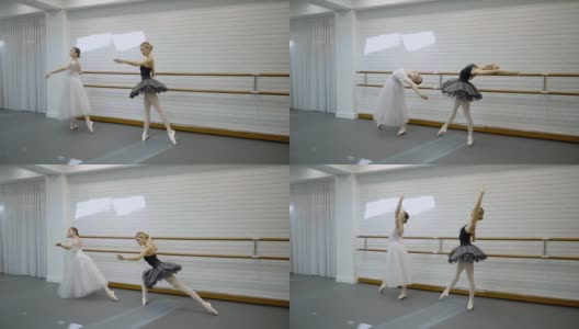 女芭蕾舞演员穿着芭蕾舞短裙在机器前跳不同的舞蹈姿势高清在线视频素材下载