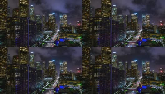洛杉矶市中心屋顶Figueroa空中夜晚时光流逝高清在线视频素材下载
