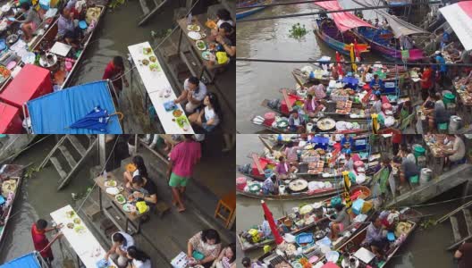 在安帕瓦水上市场供应食物的小贩高清在线视频素材下载