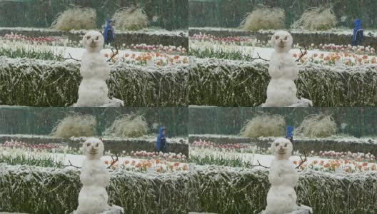 在春天的公园里有一个雪人，并且正在下雪高清在线视频素材下载