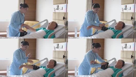 护士在病床上给老人量血压高清在线视频素材下载