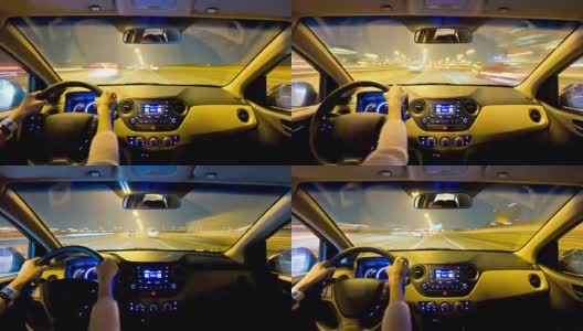 阿拉伯联合酋长国夜灯阿布扎比迪拜路女人驾驶汽车面板全景4k时间推移高清在线视频素材下载
