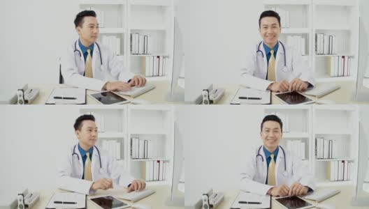 近距离慢动作医生从工作转向微笑与病人打招呼高清在线视频素材下载