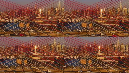 清晨从科修斯科大桥俯瞰曼哈顿中城的天际线。航拍视频与平移摄像机运动。高清在线视频素材下载