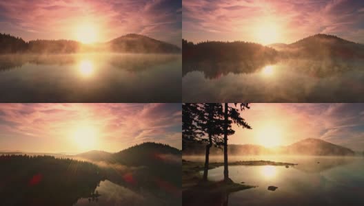 晨雾上山湖，日出观，4k航拍视频高清在线视频素材下载