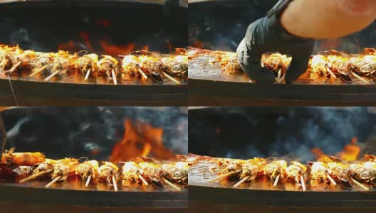 背景——烤架上的大虾高清在线视频素材下载