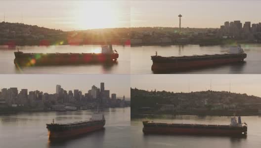 日出时西雅图天际线前的一艘大船。高清在线视频素材下载