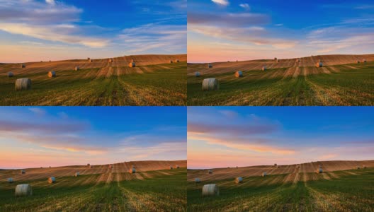 意大利托斯卡纳，日落时分田野上干草捆的时间间隔高清在线视频素材下载