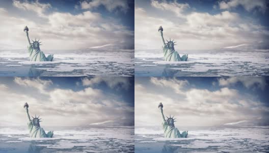 海平面上升中的自由女神像高清在线视频素材下载