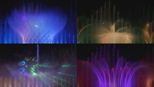 晚上的彩色喷泉。灯光、色彩、音乐之夜舞蹈喷泉表演高清在线视频素材下载