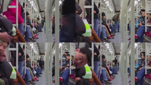 中国广州地铁拥挤车厢乘坐4k时间流逝高清在线视频素材下载