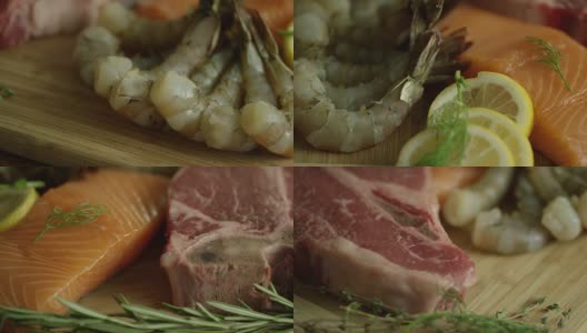 生鲑鱼，t骨牛排，草本美食在旋转切板上高清在线视频素材下载