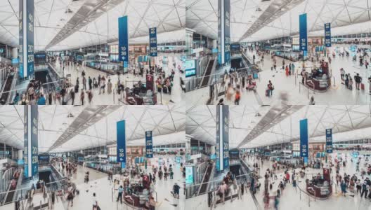 4K超高清延时拍摄拥挤人群在香港机场中转站行走。航空运输、国际旅游、出国旅行或通勤生活方式概念。缩小的效果高清在线视频素材下载