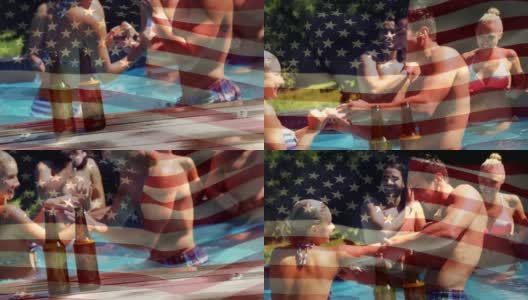 一群朋友在一个游泳池和美国国旗高清在线视频素材下载