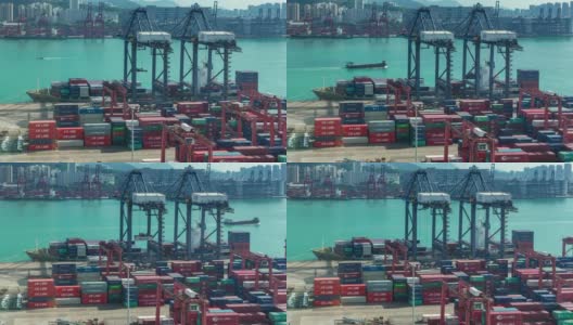 4K时间推移:码头商埠使用工作吊车桥将集装箱从船卸到卡车，用于商业物流，进出口，运输或运输高清在线视频素材下载