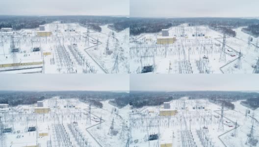 雪和树林中的输电站高清在线视频素材下载