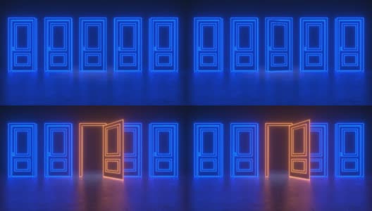 一排蓝色的霓虹紧闭的门上有发光的线条。中间的门打开，变成橙色，然后关上。理念创新，未来与希望，新的开始还是一场胜利。3D动画介绍循环4K高清在线视频素材下载