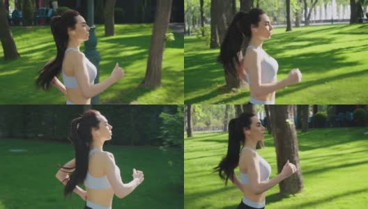 穿着运动上衣的健美女子在公园慢跑高清在线视频素材下载