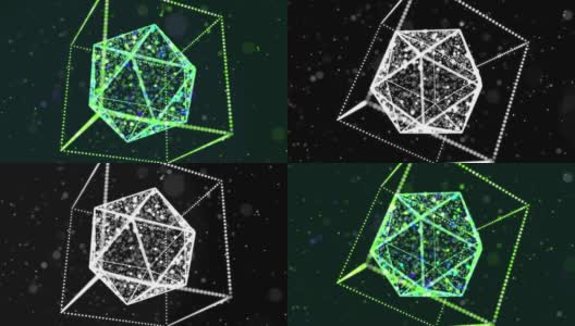 摘要辉光绿色粒子形成三维物体。多维数据集。Vj环路作为虚拟数字空间的bg。粒子形成全息图形，作为大数据、网络或虚拟空间的概念。科幻动画设计bg。高清在线视频素材下载