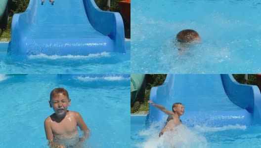 水上乐园水上滑梯上的快乐男孩(慢镜头)高清在线视频素材下载