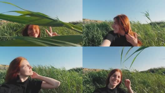 美丽年轻的红发女人在夕阳下的沙漠上行走高清在线视频素材下载