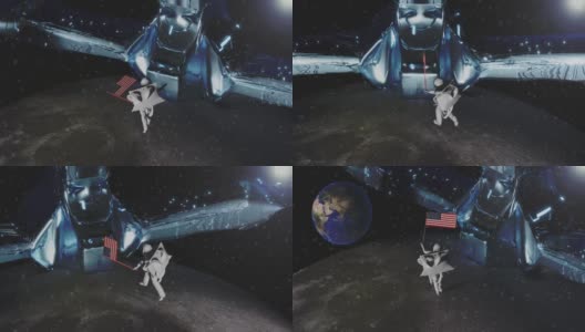 在科幻探索中，一名女宇航员在月球上方的星星中漂浮，她举着北美美国国旗站在宇宙飞船旁边高清在线视频素材下载