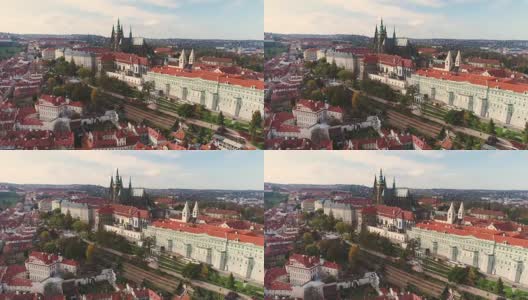 布拉格全景，城市的空中俯瞰，俯瞰布拉格的城市景观，飞过城市，布拉格老城区，布拉格城堡和伏尔塔瓦河，捷克共和国，布拉格高清在线视频素材下载