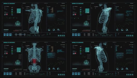 未来HUD医学屏幕数据，扫描脊柱，3D动画高清在线视频素材下载