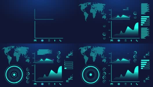 未来全息Hud，旋转目标与计算机数据屏幕显示。它可以应用于科技标题，空间监视器，新闻标题屏保。销售增长，股市有可能跃升。高清在线视频素材下载