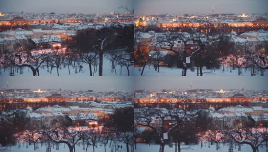 全景布拉格老城冬天的夜晚橙色灯笼照亮街道高清在线视频素材下载