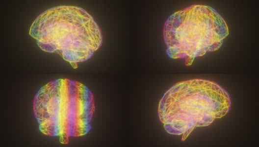 彩色霓虹灯大脑，电脑生成。3d渲染抽象的背景细线高清在线视频素材下载