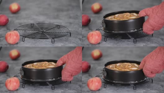 新鲜出炉的苹果肉桂蛋糕，放在一个圆罐里。高清在线视频素材下载