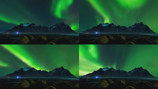 时间流逝:冰岛Vestrahorn山的北极光(北极光)。高清在线视频素材下载