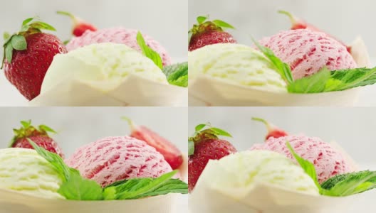 特写，香草和草莓冰淇淋装饰新鲜草莓和新鲜薄荷高清在线视频素材下载